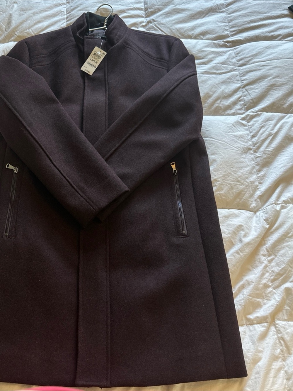 Men Deep Wine Wool-Blend Stand Collar Full Zip Coat